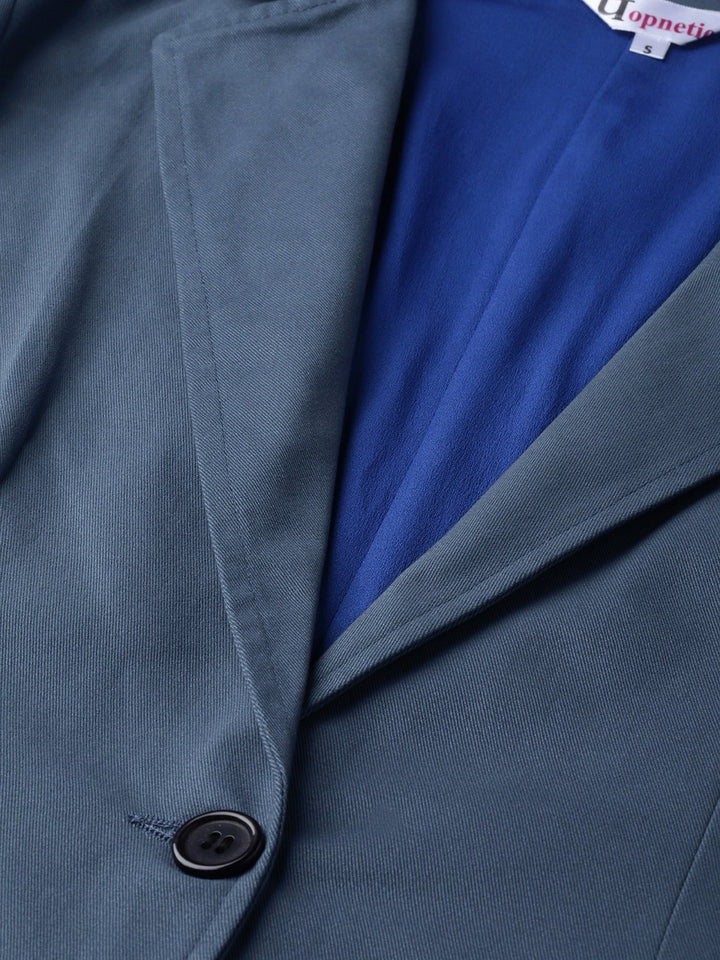 Popnetic Women Blue Solid Casual Pure Cotton Blazer