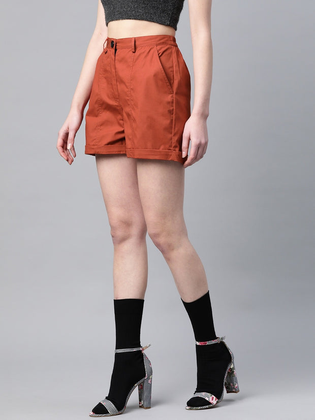 Popnetic Women Rust Orange Solid Regular Fit Pure Cotton Shorts
