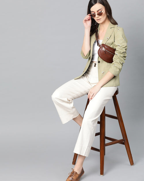 Popnetic Women Olive Green & Off-White Printed Single Breasted Casual Pure Cotton Blazer