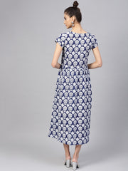 Popnetic Women Navy Blue & White Printed A-Line Dress