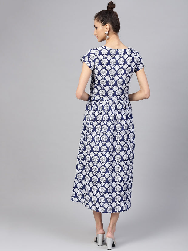 Popnetic Women Navy Blue & White Printed A-Line Dress