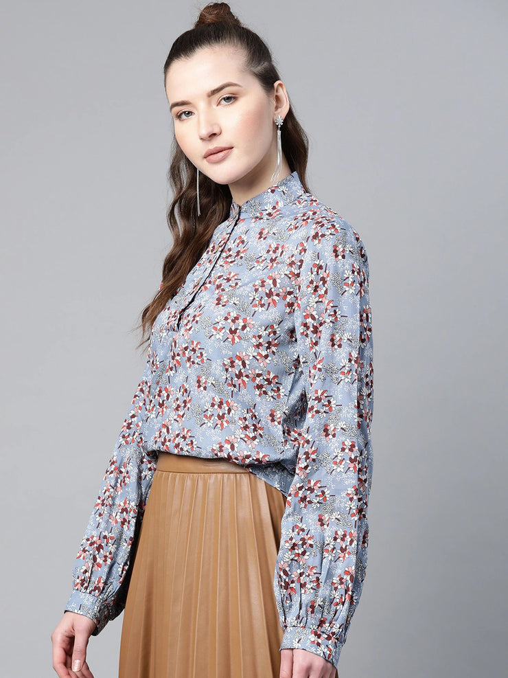 Popnetic Women Blue & Maroon Floral Print Shirt Style Top