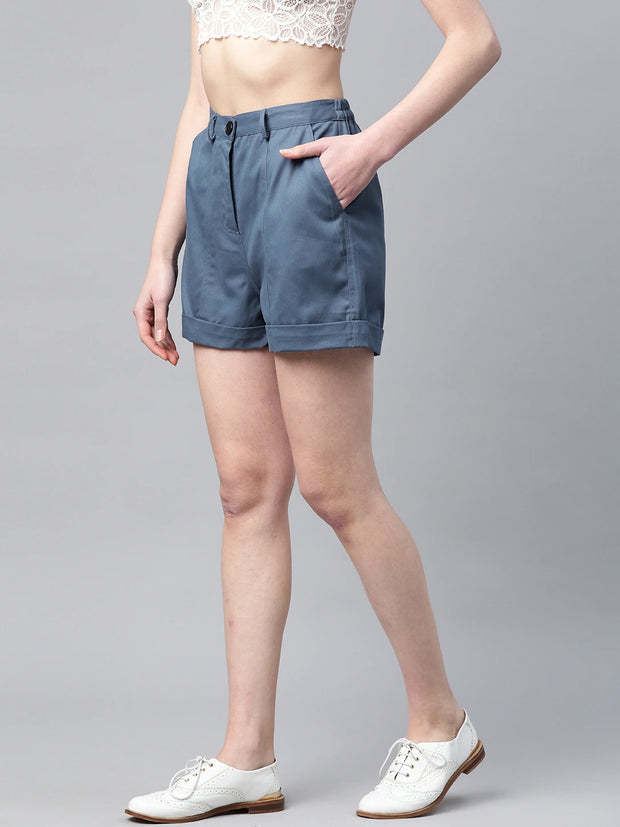 Popnetic Women Blue Solid Regular Fit Pure Cotton Shorts