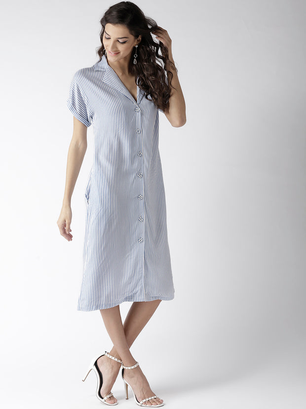 Popnetic Women White & Blue Striped Shirt Dress