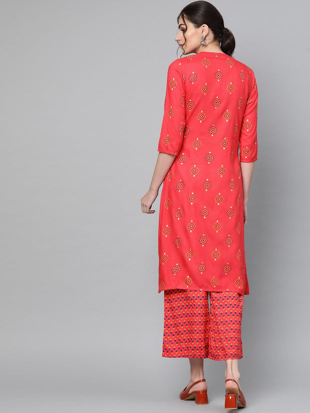 Popnetic Women Coral Red & Navy Blue Block Printed Kurta with Palazzos