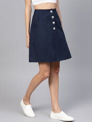 Popnetic Women Navy Blue Solid A-Line Skirt