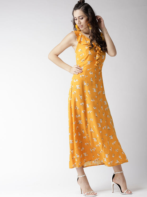 Popnetic Women Mustard Yellow Printed Maxi Dress