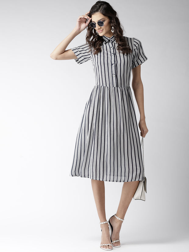 Popnetic Women White & Navy Blue Striped Shirt Dress