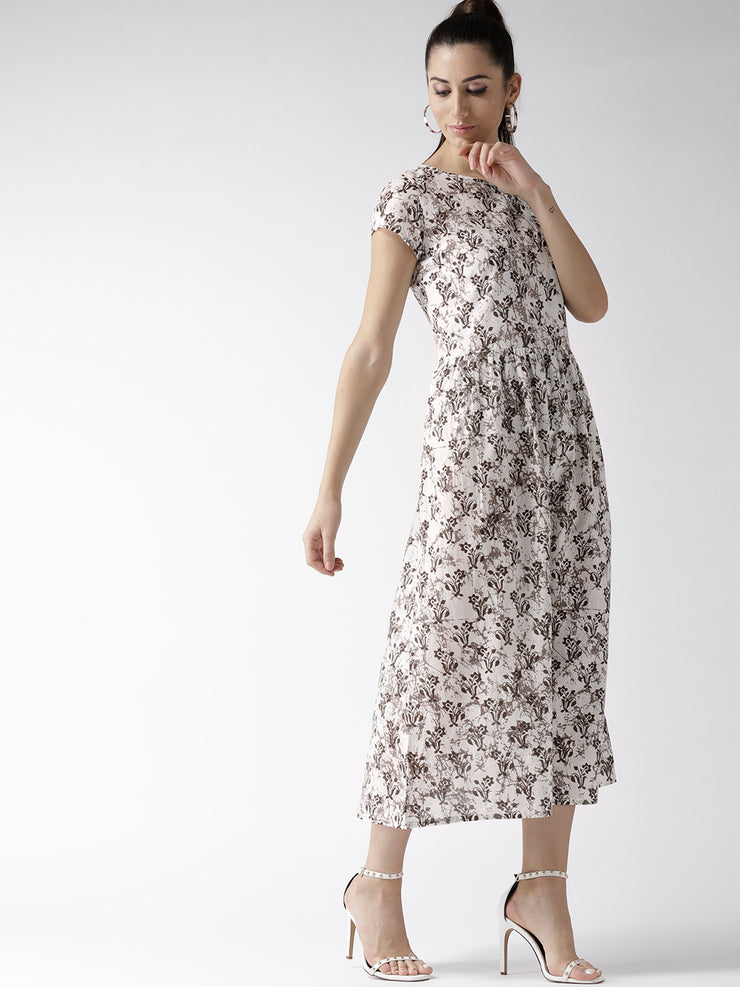 Popnetic Women Off-White & Brown Printed A-Line Dress