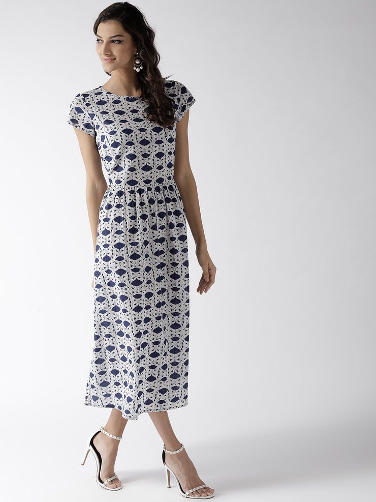 Popnetic Women White & Blue Printed A-Line Dress