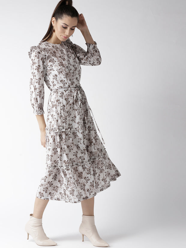 Popnetic Women White & Brown Printed A-Line Dress