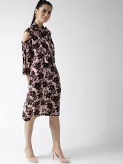 Popnetic Women Beige & Black Printed Cold-Shoulder A-Line Dress