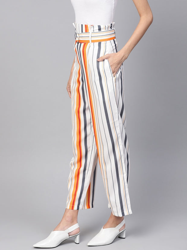 Popnetic Women White & Yellow Loose Fit Striped Regular Trousers