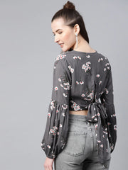 Popnetic Women Grey & White Floral Print Pure Cotton Cropped Styled Back Top