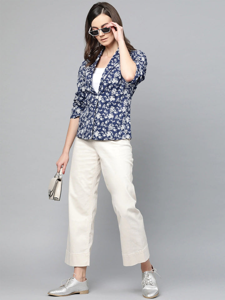 Popnetic Women Navy Blue & White Printed Single Breasted Casual Pure Cotton Blazer