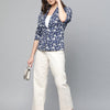 Popnetic Women Navy Blue & White Printed Single Breasted Casual Pure Cotton Blazer