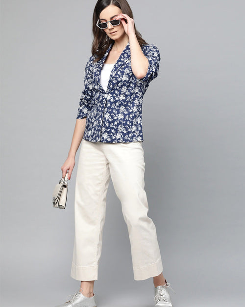 Popnetic Women Navy Blue & White Printed Single Breasted Casual Pure Cotton Blazer