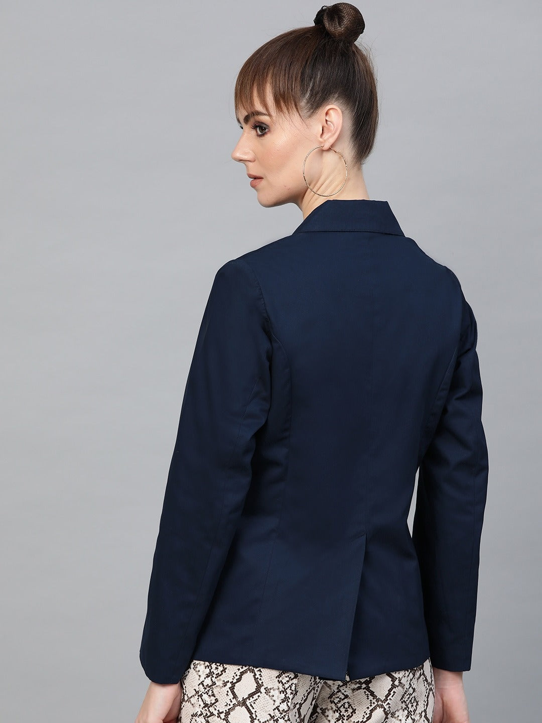 Popnetic Women Navy Blue Solid Casual Pure Cotton Blazer