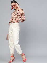 Popnetic Women Peach-Coloured & Red Floral Print Top