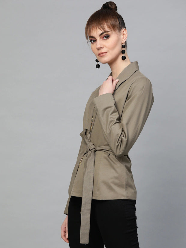 Popnetic Women Taupe Open-Front Solid Casual Pure Cotton Blazer