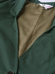 Popnetic Women Green Solid Casual Pure Cotton Blazer