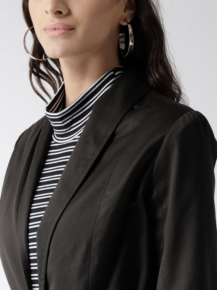 Popnetic Women Black Solid Casual Pure Cotton Blazer