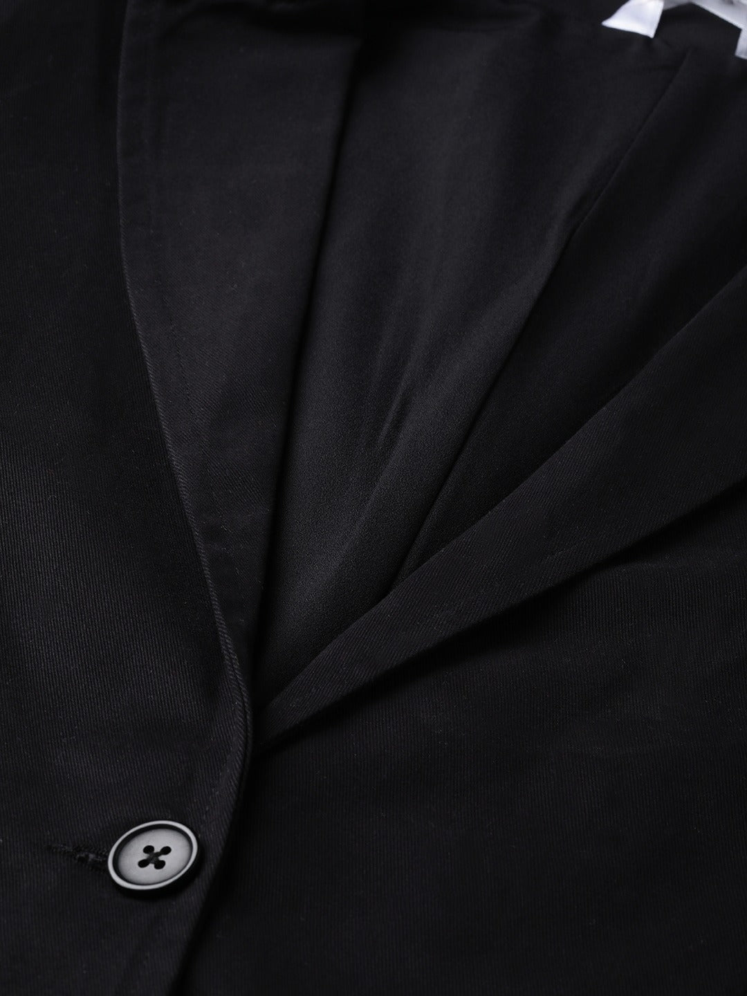 Popnetic Women Black Solid Casual Pure Cotton Blazer