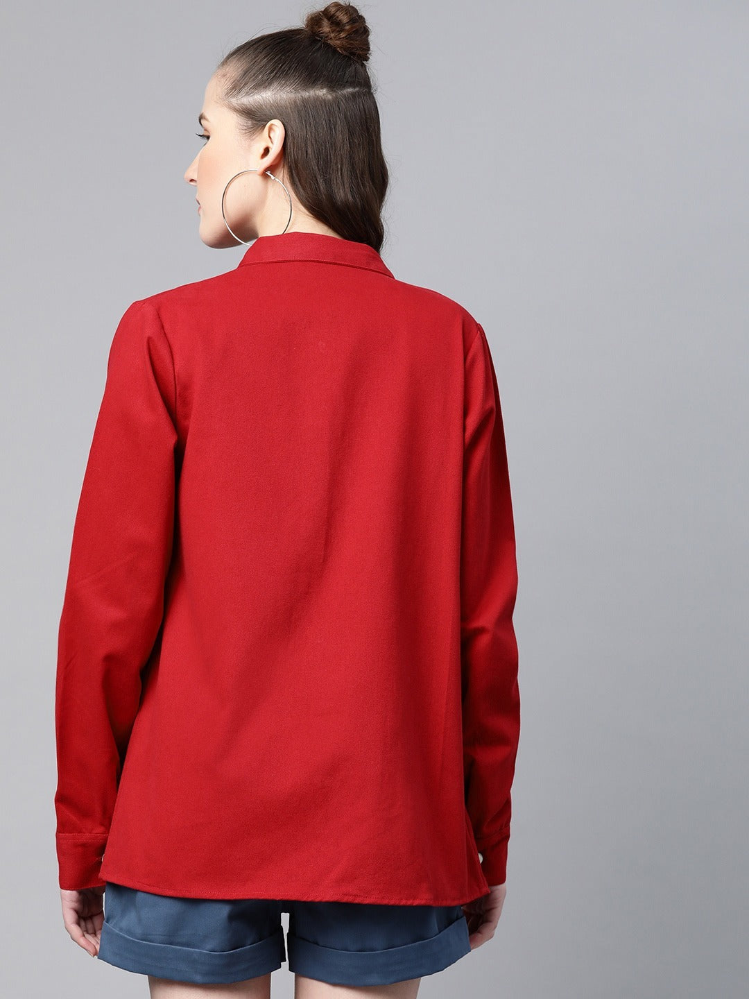 Popnetic Women Red Pure Cotton Solid Shacket