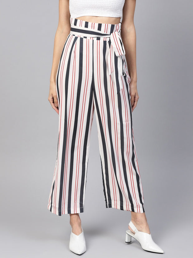 Popnetic Women White & Black Loose Fit Striped Regular Trousers