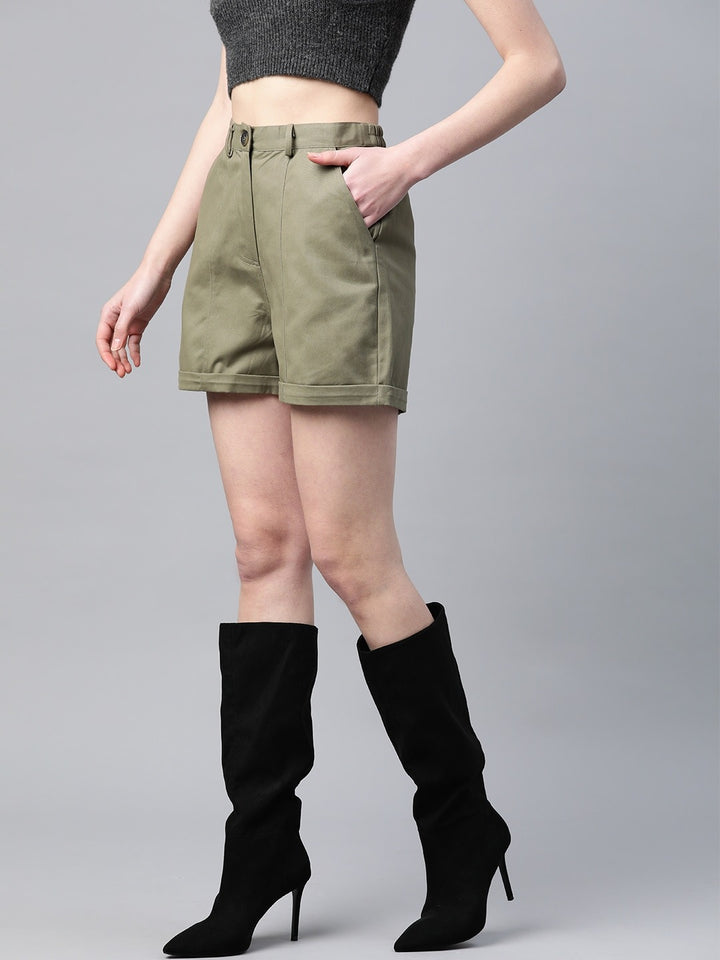Popnetic Women Olive Green Solid Pure Cotton Regular Shorts