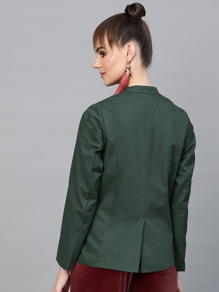 Popnetic Women Green Solid Casual Pure Cotton Blazer
