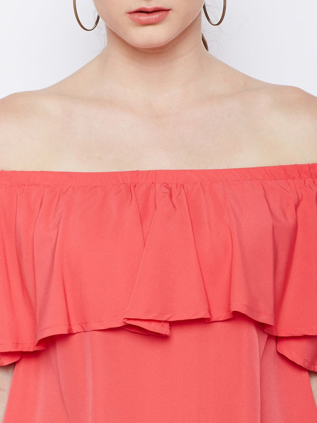 Popnetic Women Coral Red Solid Bardot Top