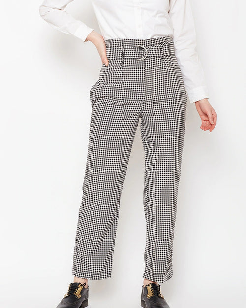 Popnetic Women Black Regular Fit Checked Parallel Trousers