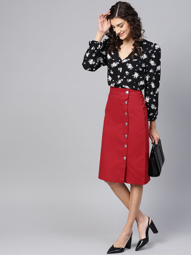 Popnetic Women Red Solid A-Line Pure Cotton Skirt