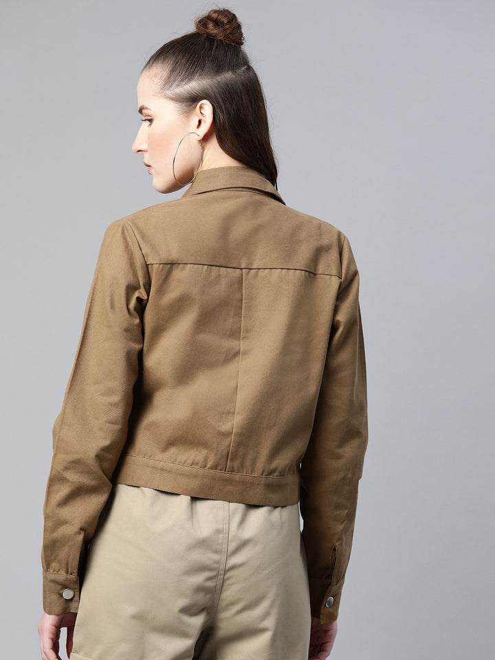 Popnetic Women Khaki Solid Pure Cotton Shacket