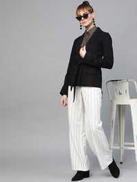 Popnetic Women Black Solid Casual Pure Cotton Blazer