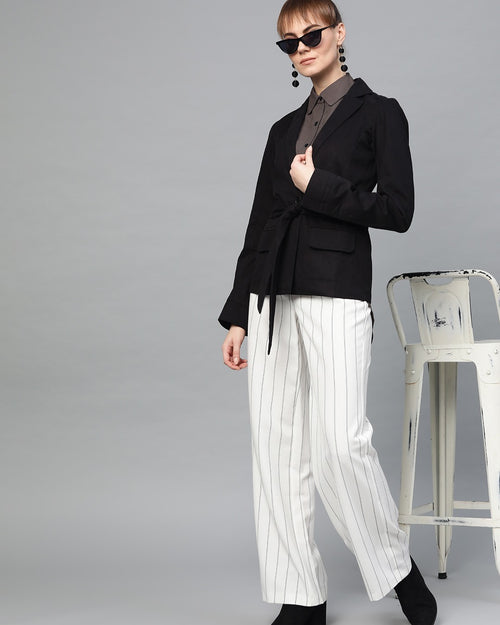 Popnetic Women Black Solid Casual Pure Cotton Blazer