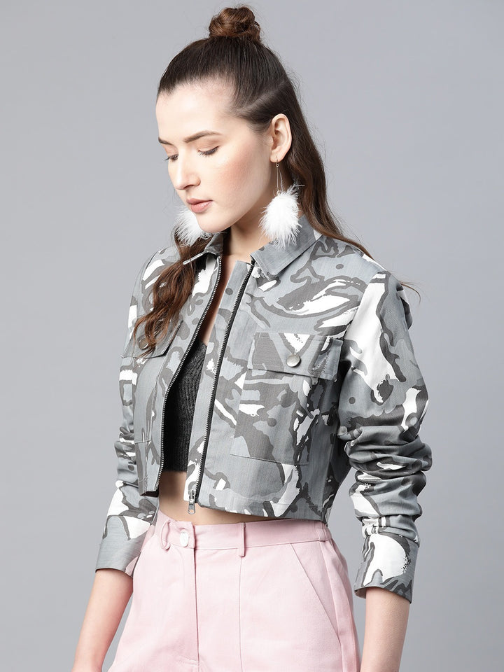 Popnetic Women Grey & White Camouflage Print Pure Cotton Crop Jacket