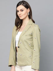Popnetic Women Olive Green & Off-White Printed Single Breasted Casual Pure Cotton Blazer