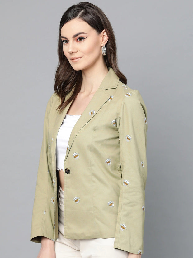 Popnetic Women Olive Green & Off-White Printed Single Breasted Casual Pure Cotton Blazer