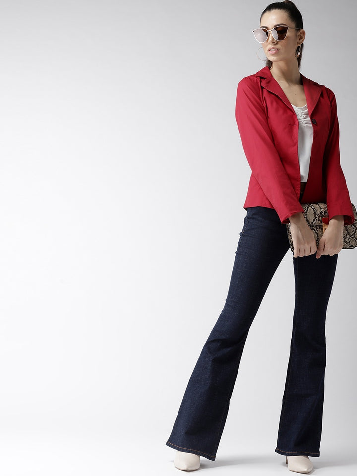 Popnetic Women Red Solid Single-Breasted Casual Pure Cotton Blazer