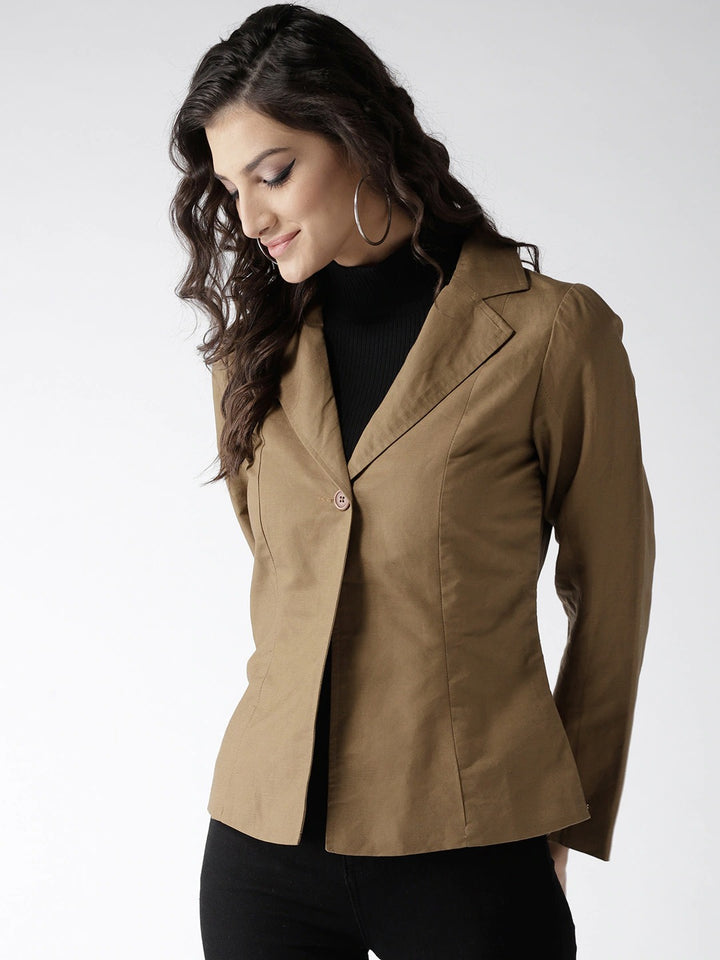 Popnetic Women Olive Brown Solid Casual Blazer