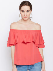 Popnetic Women Coral Red Solid Bardot Top