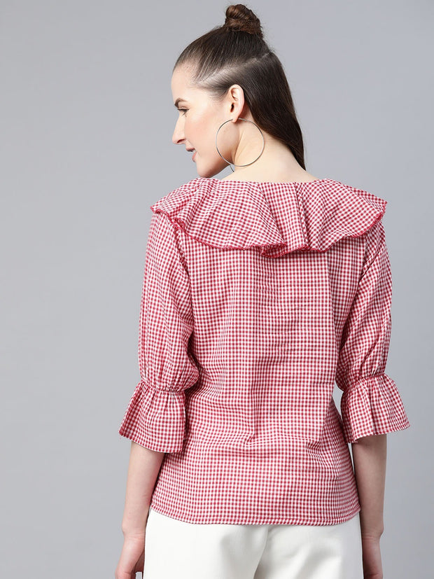 Popnetic Women Red & White Checked Pure Cotton Top with Ruffled Detail