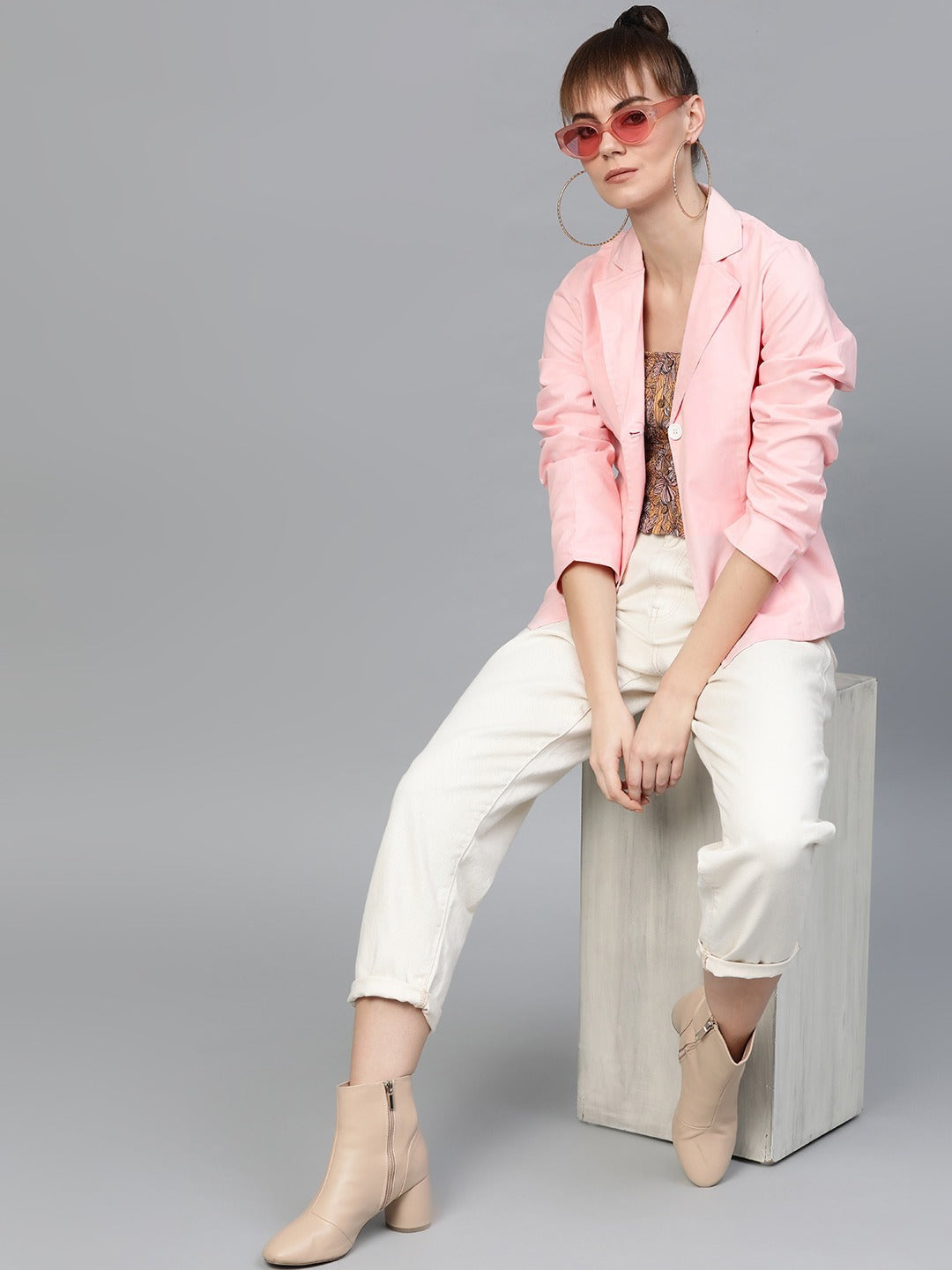 Popnetic Women Pink Solid Single-Breasted Casual Blazer
