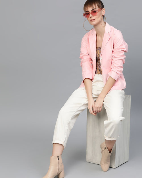 Popnetic Women Pink Solid Single-Breasted Casual Blazer