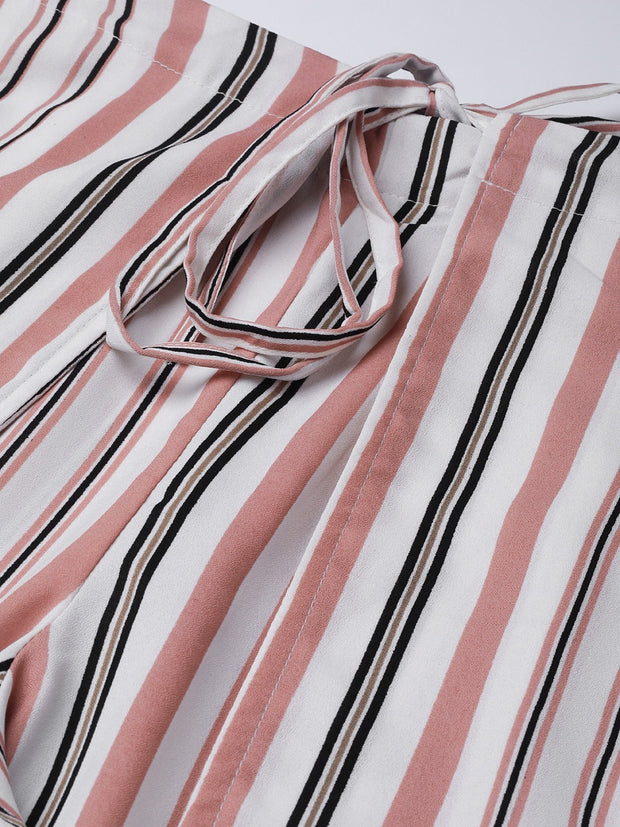 Popnetic Women White & Pink Loose Fit Striped Layered Parallel Trousers
