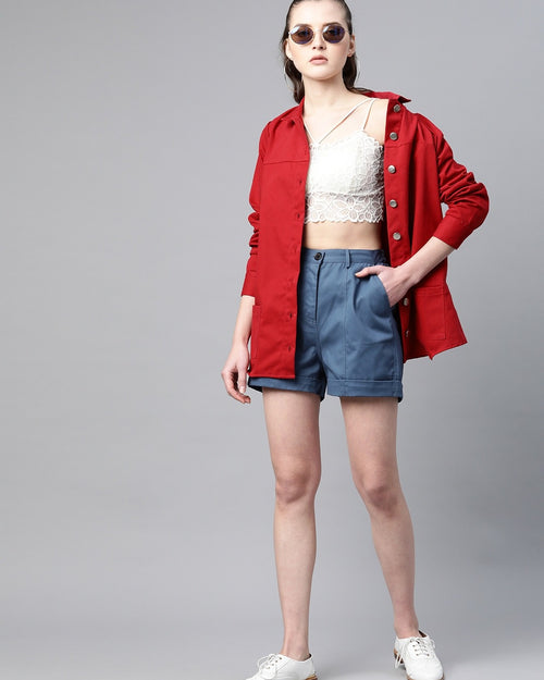 Popnetic Women Red Pure Cotton Solid Shacket