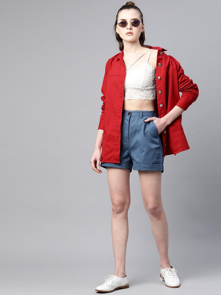 Popnetic Women Red Pure Cotton Solid Shacket