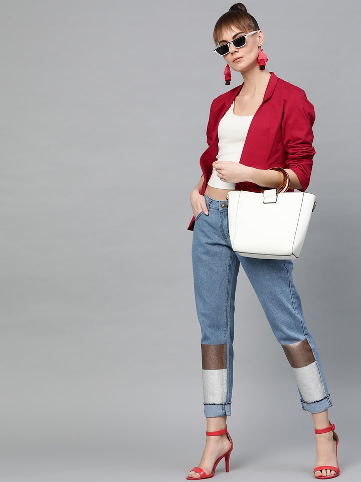 Popnetic Women Red Solid Casual Pure Cotton Blazer
